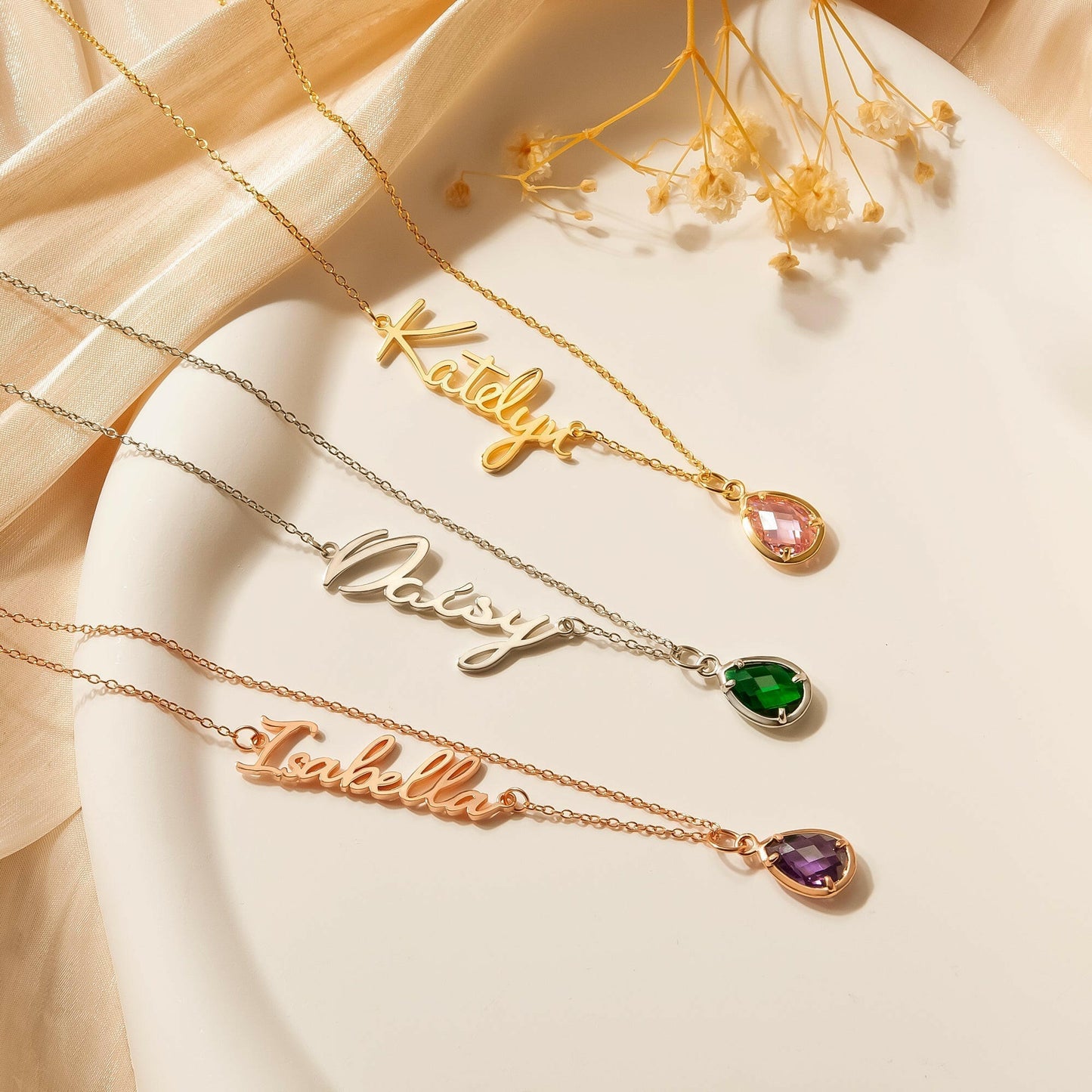Personalized Name Necklace with Birthstone Charm Necklace.
