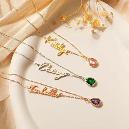 Personalized Name Necklace with Birthstone Charm Necklace.