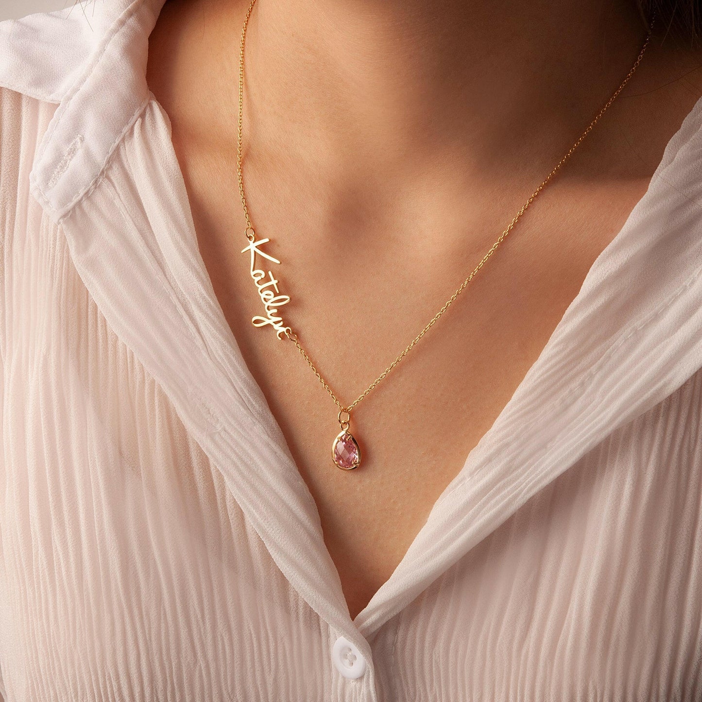 Personalized Name Necklace with Birthstone Charm Necklace.