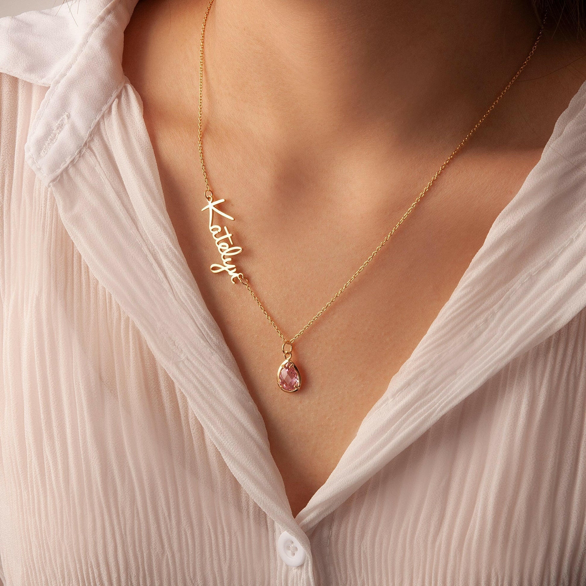 Personalized Name Necklace with Birthstone Charm Necklace.