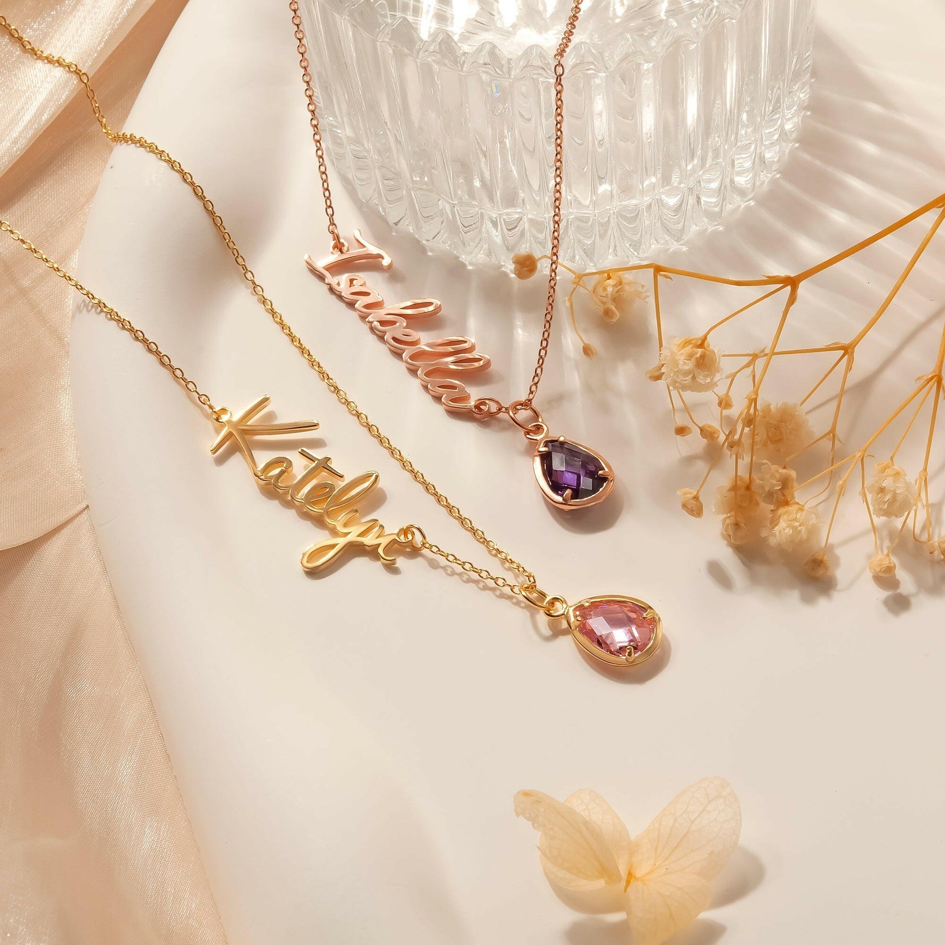 Personalized Name Necklace with Birthstone Charm Necklace.