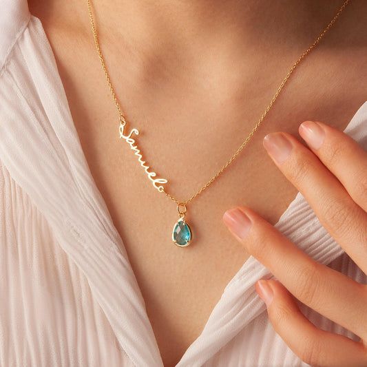 Personalized Name Necklace with Birthstone Charm Necklace.